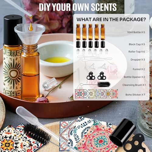 Roll On Bottles 5 Pack Glass Roller Bottles for Essential Oils 10ml Amber | Empty Rollerball Bottle Thick Glass with Oil Perfume Lip Gloss DIY Kits Boho Stickers, Leak-Proof Refillable for Travel Gift - color: Amber, size: 5 Pack