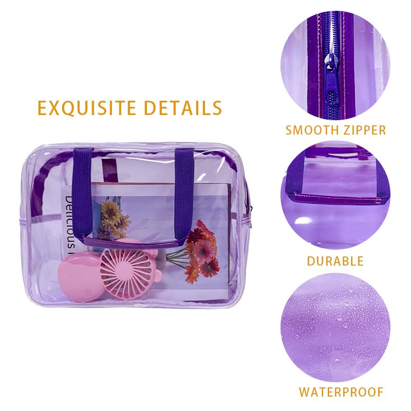 PVC Purple Pure Color Transparent Gift Pouch Wash Travel Makeup Cosmetic Bag with Handle for Travel Bathroom Toiletry Organizer (Purple) - color: purple