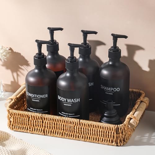 Refillable Matte Amber Plastic Shampoo and Conditioner Bottles (5 Pack, 16.9oz), with Pumps and Labels - color: Matte Amber