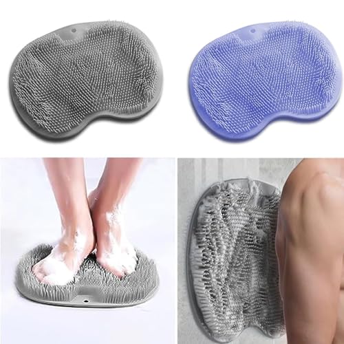2 Pack Shower Back & Foot Scrubber, Wall Mounted Back Scrubber Silicone Bath Massage Cushion Brush with Suction Cups, Bathroom Wash Mat Exfoliating Dead Skin Brush (L-Blue Grey) - size: L-Blue Grey 2pcs
