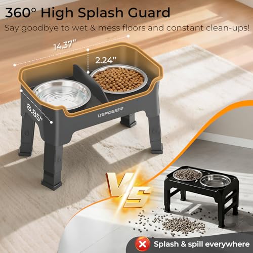 URPOWER Mess Proof Elevated Dog Bowls 4 Height Adjustable Raised Bowl Stand with 2 Stainless Steel Dog Bowls Non-Slip Food and Water Bowl Set for Small Dogs, Grey - color: Grey, size: Small