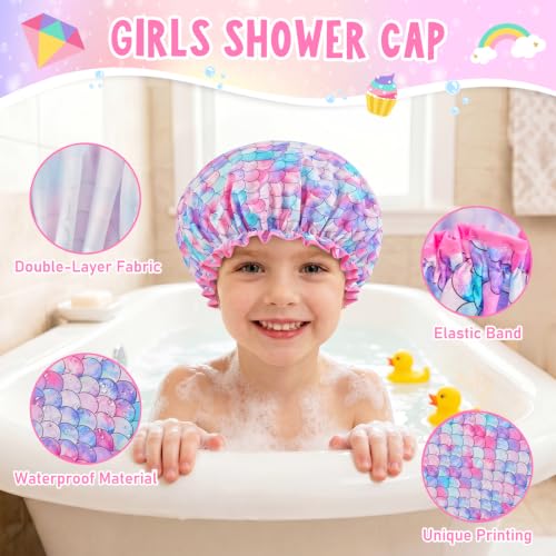 Olypegic Kids Shower Cap, 3 Pcs Girls Shower Cap for Kids Reusable Waterproof Adjustable Large Hair Cap Unicorn Mermaid Rainbow Cute Hair Cover Hat - color: Mermaid
