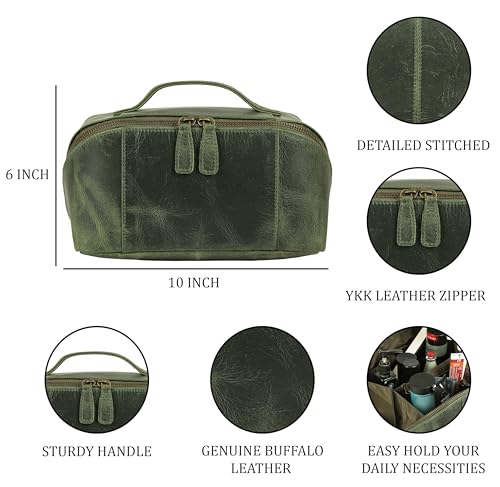 KomalC Luxury Leather Men’s Toiletry Travel Bag – Handmade Shaving Kit with Waterproof Interior, Spacious Storage & Carry Handle – leather travel Kit Bag for Men & Women (Green) - color: Green