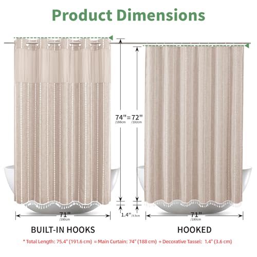 eachope Boho Farmhouse No Hook Shower Curtain Set with Snap-in Fabric Liner,Heavy-Duty Linen Textured Rustic Striped Design,Water-Repellent with Tassels and Sheer Window,Tan/Taupe,71x74 - color: Taupe, size: 71"W x 74"L (Pack of 1)
