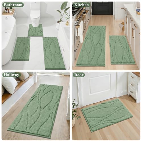 Bsmathom Bathroom Rugs Sets 3 Piece, Soft Non Slip Microfiber Bath Mat and U-Shaped Contour Toilet Rug, Machine Washable Absorbent Shaggy Bathroom Set, Green - color: Green