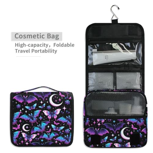 MNSRUU Hanging Toiletry Bag Neon Purple and Bats Stars and Moons Travel Makeup bag for Toiletries Portable Travel Toiletry Organizer Cosmetic Bags with Hanging Hook - color: Bats A8889