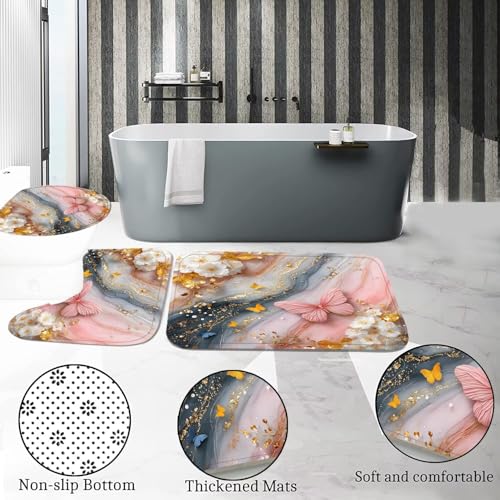 DDQQ 4Pcs Pink Butterfly Floral Shower Curtain Set White Golden Flower Bathroom Sets Marble Background Shower Curtain with 12 Hooks Bathroom Decor with Rugs Bath Accessories with Mats Toilet Lid Cover - color: Pink Yellow