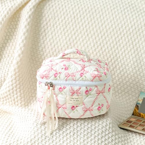 Sminra Makeup Bag Large Travel Quilted Cosmetic Bag Organizer, Floral Cotton Coquette Aesthetic Toiletry Bag Gift for Women Girls (Pink Bow Flowers-L) - color: Pink Bow Flowers-L