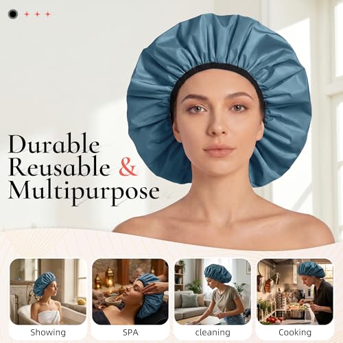 Extra Large Shower Cap for Women, Reusable Waterproof Shower Bonnet with Satin Lining, Double Layer Washable Bath Hair Cap for Braids, Locs, Long Thick Curly Hair, Natural Hair(Big Haze Blue) - color: Haze Blue