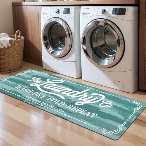 Pauwer Laundry Room Rug Runner 20"x60" Waterproof Rubber Laundry Mat Non Slip Kitchen Mats for Floor Washable Floor Mat Runner Rug for Farmhouse Mudroom Washroom Bathroom Decor - color: Blue, size: 1'8" x 5'