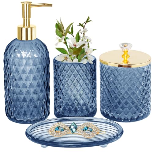 Haturi Blue Bathroom Accessories Set, 4Pcs Glass Bathroom Accessory Set Complete w/Lotion Soap Dispenser, Toothbrush Holder, Qtip Holder, Soap Dish, Blue Bathroom Decor Sets, Gift for Home Apartment - style: Navy Blue