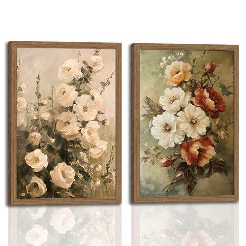 Vintage Floral Wall Art Decor Rustic Cottagecore Floral Canvas Art Prints Framed Farmhouse Country Botanical Flower Pictures Wall Decorations for Home Bedroom Living Room 16x24In Ready to Hang - color: Oil painting rose, size: 16x24 inches