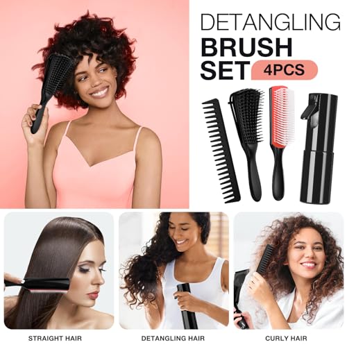 Hommtina Detangling Brush Set with Hair Spray bottle, Hair Brushes for Women and Kids Curly Hair (3 PCS, Black+Red) - color: Black+Red, size: 3 PCS