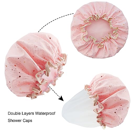 TCOTBE 4 Pieces Shower Caps for Women, Double layer shower cap, Elastic Reusable Bathing Hair Cap Environmental Protection Hair Bath Caps,PEVA Adult Bathing Cap Bath Hair Cover