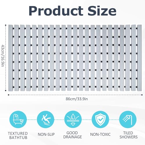 Grey Weighted Non Slip Bathtub Mat Without Suction Cups,Textured TPE Bath Mat for Textured Tub & Shower Surfaces,Doesn't Float, Works on Tile and Stone(33.8”x 17”)