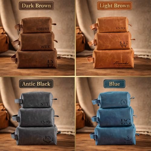 Personalized Leather Toiletry Bag for Men - Handmade Custom Travel Size Dopp Kit, Gift for Graduation, Husband, Boyfriend, Birthday, Wedding, Anniversary, Groomsmen, Grandpa, Him, Father’s Day Gifts