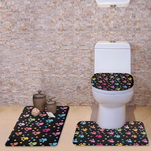 Dog Paw Print Bathroom Rugs Sets 3 Piece Non-Slip 3 Piece Bathroom Rug Set Soft Contour Rug + Toilet Lid Cover + Bath Mat Bathroom Decor Bathroom Rug Sets 3 Piece with Toilet Cover - color: Dog Paw Print
