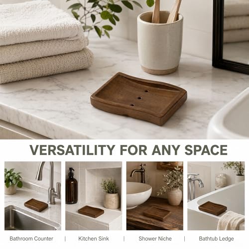Wood Self-Draining Bar Soap Holder, 3 Holes Design Soap Dish and Sponge Holder, Quick Dry Soap Saver Tray for Bathroom, Kitchen, Shower & Countertop (Brown, 1 Pack)