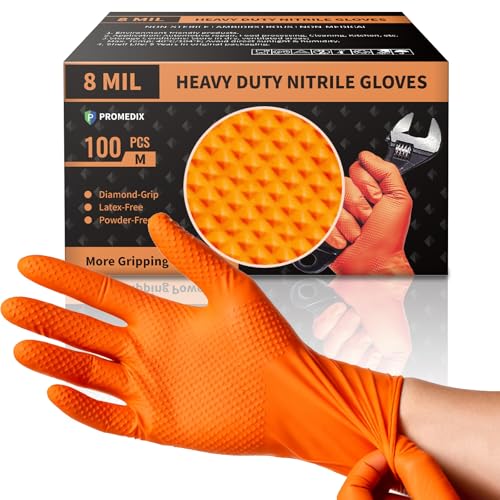 PROMEDIX P Heavy Duty Nitrile Gloves with Diamond Texture 8 Mil Latex Free Powder Free Industrial Disposable Glove - color: Orange, size: X-Large