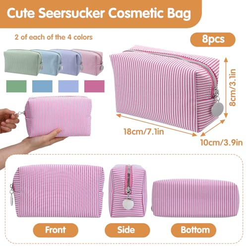 8 Pcs Stripe Cosmetic Bags Seersucker Makeup Bags 4 Colors Women Pouch Large Storage Pouch Toiletry Travel Organizer for Wedding Bridesmaid Bride Favor