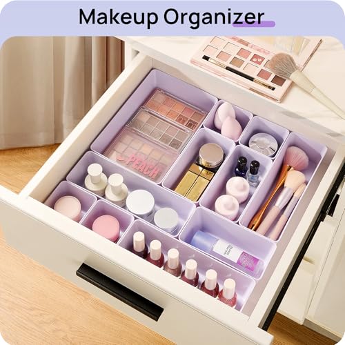 Vtopmart 25 PCS Plastic Drawer Organizers Set, 4-Size Versatile Bathroom and Vanity Drawer Organizer Trays, Storage Bins for Makeup, Bedroom, Kitchen Gadgets Utensils and Office - color: Lilac