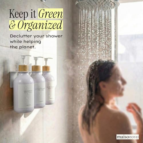 Shampoo and Conditioner Dispenser Wall Mounted Set of 3 White Bamboo - No Drill Shower Soap Dispenser for Bathroom Refillable - Spa Hotel Style Accessories by MaisoNovo - color: White Bamboo Set of 3