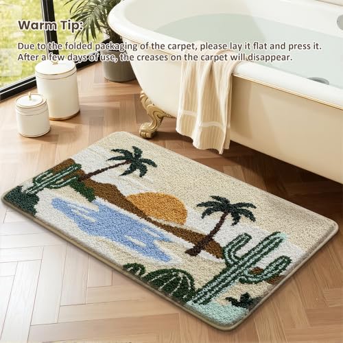 Bathroom Rug Mat, Desert Oasis Sunset Fluffy Rug with Cactus & Palm Tree, Ultra Absorbent Microfiber Shaggy Door Mat, Quick Dry Bath Rug Carpet for Toilet Bathtub Bedroom 20x31 Inch (Brown) - color: Green