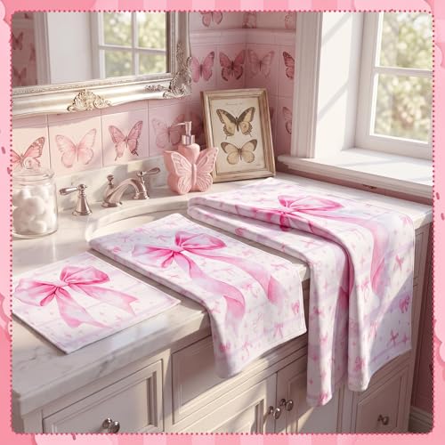 Moukeren Set of 3 Pink Bow Bath Towels Cute Coquette Large Bow Bath Towel Hand Towel and Washcloth Soft Decorative Towels for Girls Womens Bathroom Kitchen Pool Gym Spa Yoga - style: Large Bow
