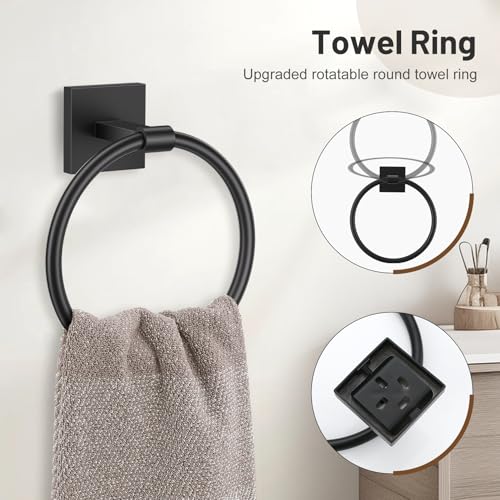 5-Piece Black Bathroom Hardware Set, SUS304 Stainless Steel Bathroom Accessories Set 23.6 inches Towel Bar, Toilet Paper Holder with Shelf, Towel Ring and Two Towel Hooks Wall-Mounted - color: Black, size: 5 Pieces - With Shelf