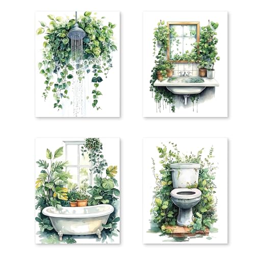 PUHEI Botanical Bathroom Wall Art Prints Set of 4, Sage Green Funny Floral Bathroom Wall Posters Decor,Sage Green Botanical Wall Decoration Poster Prints (8x10 Inches UNFRAMED)