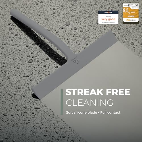 GÜTEWERK Silicone Shower Squeegee for Glass Doors & Mirrors with Stainless Steel Core, Streak-Free & No-Squeak Window Cleaning, 3-in-1 No-Drill Mount (Hook/Suction/Adhesive),Gray, 11 Inches - color: Gray, size: 11 Inches