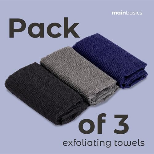 MainBasics Japanese Deep Exfoliating Shower Towel, 3 Pack, Black Ice | Japanese Nylon, Body Washcloth, Textured for Effective Exfoliation, Quick-Dry, Durable, Helps Reveal Smoother Skin - color: Black Ice