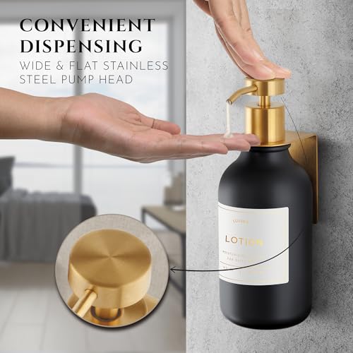 Shower Shampoo Dispenser Wall Mounted – Refillable 16.9 oz Black Bottle with Stainless Steel Pump & No-Drill Adhesive Holder – Soap Dispenser for Bathroom (1 X Black/Gold) - color: 1 X Black/Gold
