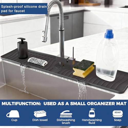 Silicone Long Sink Faucet Splash pad, Kitchen and Bathroom Universal countertop Protection pad. (Medium Black) - color: Medium Black