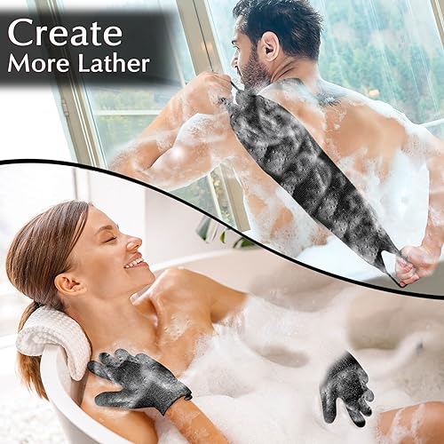 Anezus Exfoliating Back Scrubber Bath Gloves Set, Exfoliating Shower Towel with Shower Gloves for Body Scrub, Back Cleaner Wash Gloves to Remove Dead Skin (Black) - color: Black