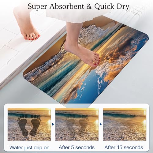 Elightvap Ocean Beach Sunrise Bathroom Mat Quick Drying Non Slip Bath Mats Absorbent,Bath Mat Quick Dry Bathroom Rug in Front of The Kitchen Sink, Shower Room, Bathtub,17 * 29.5 Inches - color: Ocean Beach Sunrise