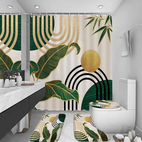 LQCOOL 4Pcs Green Shower Curtain Set, Boho Bathroom Sets,Shower Curtain with 12 Hooks, Bamboo Leaf Bathroom Sets with Shower Curtain and Rugs - color: Green Yellow