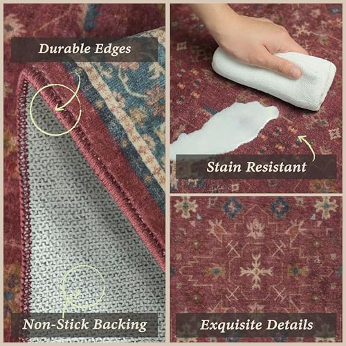 JTJ 3 Piece Kitchen Rug Set, Burgundy Vintage Washable Kitchen Mats, Non-Slip Low Pile Floor Rugs with Stain Resistant Surface for Kitchen Sink, Runner, Laundry Room and Hallway - color: Burgundy