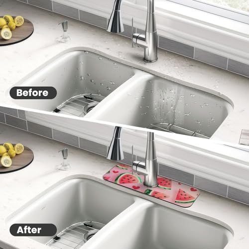 Kitchen Sink Splash Guard Faucet Mat, Watermelon Slices Hearts Diatom Mud Absorbent Draining Mat For Kitchen Sink Bathroom - color: Watermelon Slices Hearts, size: One Size