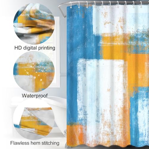 Lnond 4Pcs Bathroom Shower Curtain Sets with Rugs,Blue Orange Painting Art Bathroom Sets with Shower Curtain and Rugs and Accessories - color: Orange Blue White