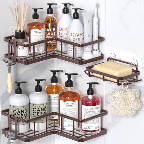 YASONIC Corner Shower Caddy Adhesive, 100% Rustproof Shower Organizer with Soap Holder, No Drill Shower Shelf for Inside Shower, Wall-Mounted Shower Storage for Homes (3 Pack, Bronze) - color: Bronze