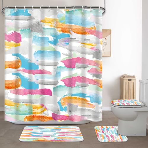 Lnond 4Pcs Abstract Shower Curtain Sets with Rugs, Watercolor Geometric Paint Bathroom Sets with Shower Curtain and Rugs and Accessories - color: Watercolor Geometric Paint