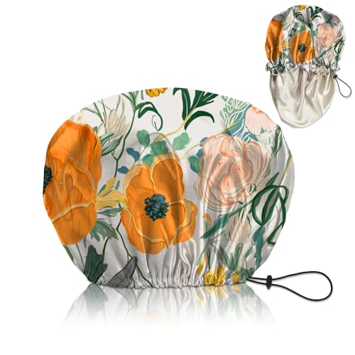 Luxury Shower Cap Satin Silk Lined Adjustable Elastic Reusable Waterproof Shower Bath Cap Cute for Women Girls-Orange Flower - color: AK6-Orange Flower