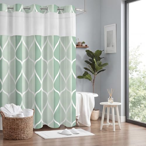 Yiatn No Hook Dark Green Double Shower Curtain with Snap in Fabric Liner Set - Hotel Style with See Through Mesh Top Window, Modern Geometric Waterdrop Design,Waterproof and Washable, 71x74 INCH - color: Dark Green, size: 71"W x 74"L (Pack of 1)