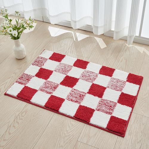 CozeCube Bath mats for Bathroom Non Slip, Fluffy Absorbent Microfiber Bath mat Washable, Aesthetic Bathroom Rugs, Cute Christmas Red Checkered Bath mat, Christmas Red, 32" x 20" - color: Checkered-christmas Red, size: 2'8" x 1'8" (Rectangular)