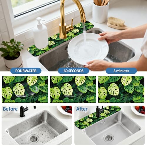 2 Pcs Kitchen Sink Splash Guard Faucet Mat Monstera Leaves Pattern Faucet Mat for Sinks Absorbing Drying Mats for Kitchen Bathroom - color: Monstera Leaves
