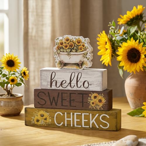 Cinnvoice 4 Pcs Sunflower Bathroom Decor Farmhouse Bathroom Decoration Hello Sweet Cheeks Table Centerpiece Gift for Christmas Valentines Back to School - style: Sunflower Hello Sweet Cheeks