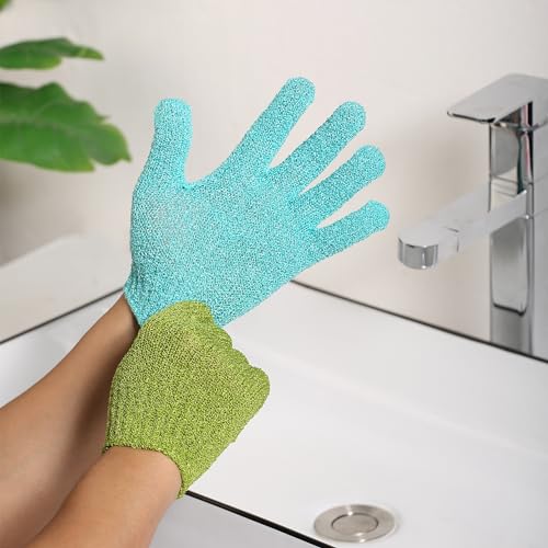 Slick Exfoliating Gloves - 4 Pcs Body Scrub Gloves, Shower & Bath Exfoliation Mitts - color: Shades of Green