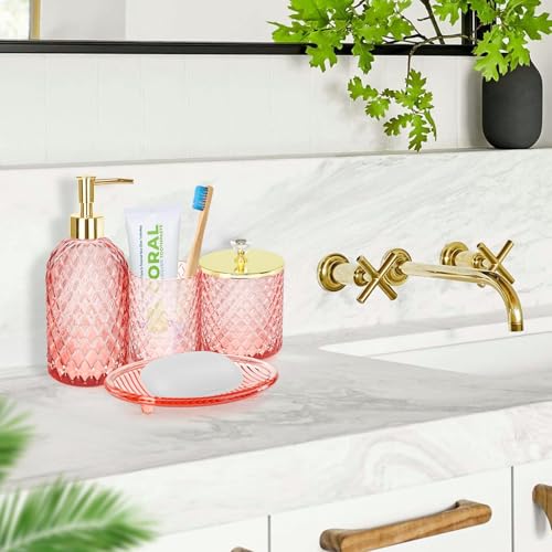 Haturi Pink Bathroom Accessories Set, 4 Pcs Glass Bathroom Accessory Set Complete w/Soap Dispenser, Toothbrush Holder, Qtip Holder, Vanity Tray, Gold Bathroom Set Decor, Gift for Girl Home Apartment - style: Light Pink