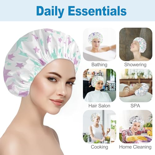 6 PCS Shower Caps for Women, Double Side Waterproof Shower Cap, Reusable Elastic Bath Caps for Shower, EVA Bathing Shower Caps, Bath Hair Caps - Star - color: Star